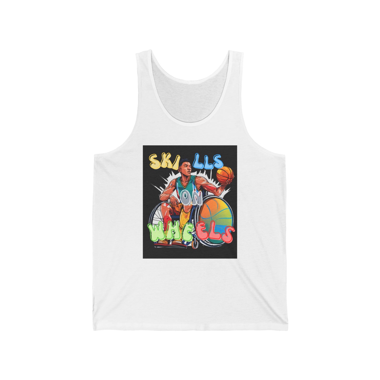 Unisex Jersey Tank Designed as the perfect gift or merch for that dynamic inspirational basketball loving and sporty wheelchair or mobility scooter user.