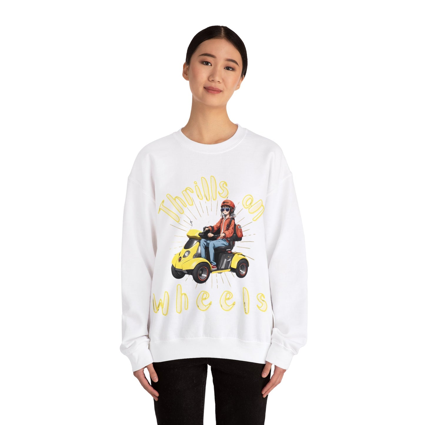 Unisex Heavy Blend™ Crewneck SweatshirtDesigned as the perfect gift or merch for that dynamic inspirational wheelchair or mobility scooter using trendy lady