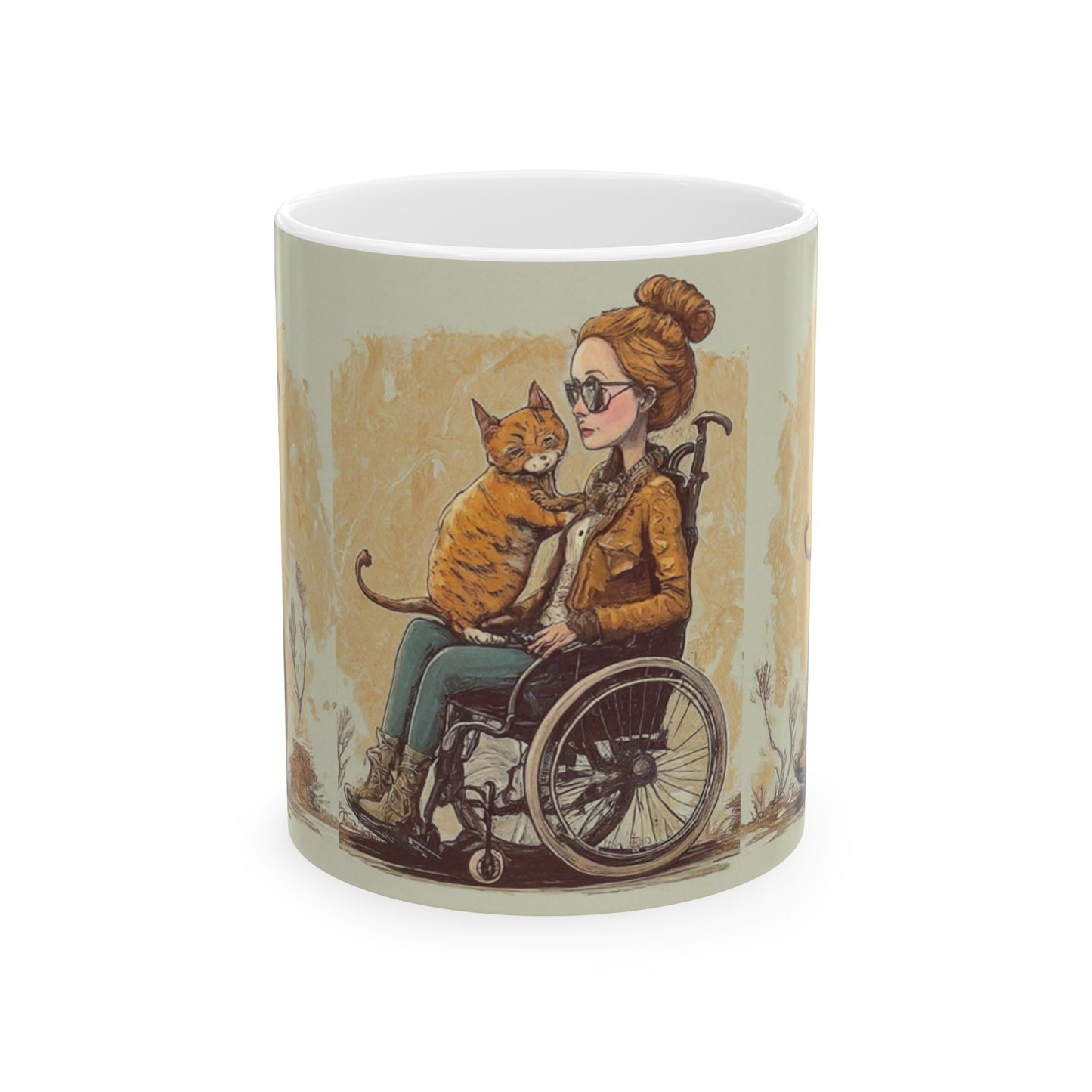 Ceramic Mug, (11oz, 15oz) designed as the perfect gift for that intrepid and inspirational cat loving wheelchair or mobility scooter user.