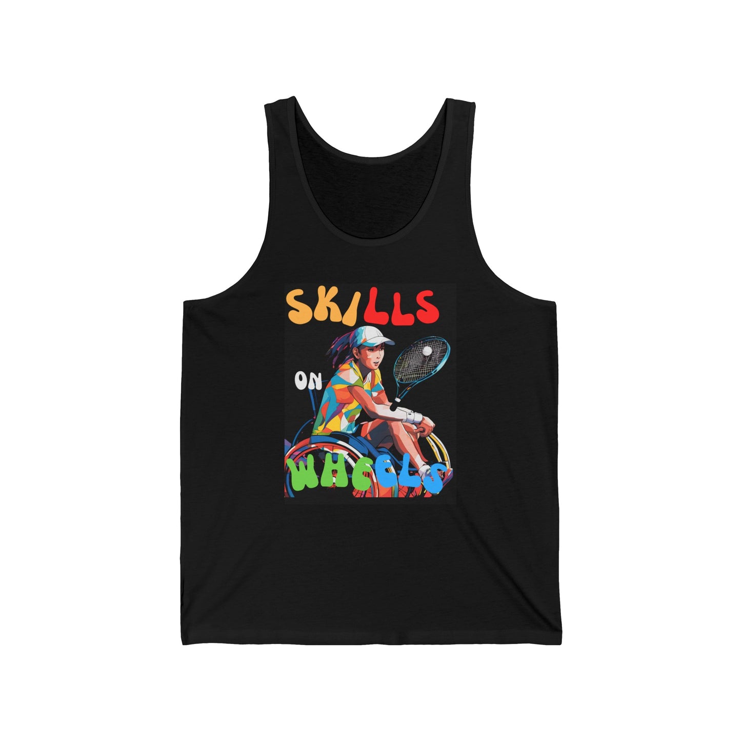 Unisex Jersey Tank Designed as the perfect gift or merch for that dynamic inspirational tennis loving and sporty wheelchair or mobility scooter user.