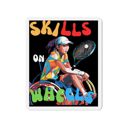 Die-Cut Magnet Designed as the perfect gift or merch for that dynamic inspirational wheelchair tennis loving and sporty wheelchair or mobility scooter user.