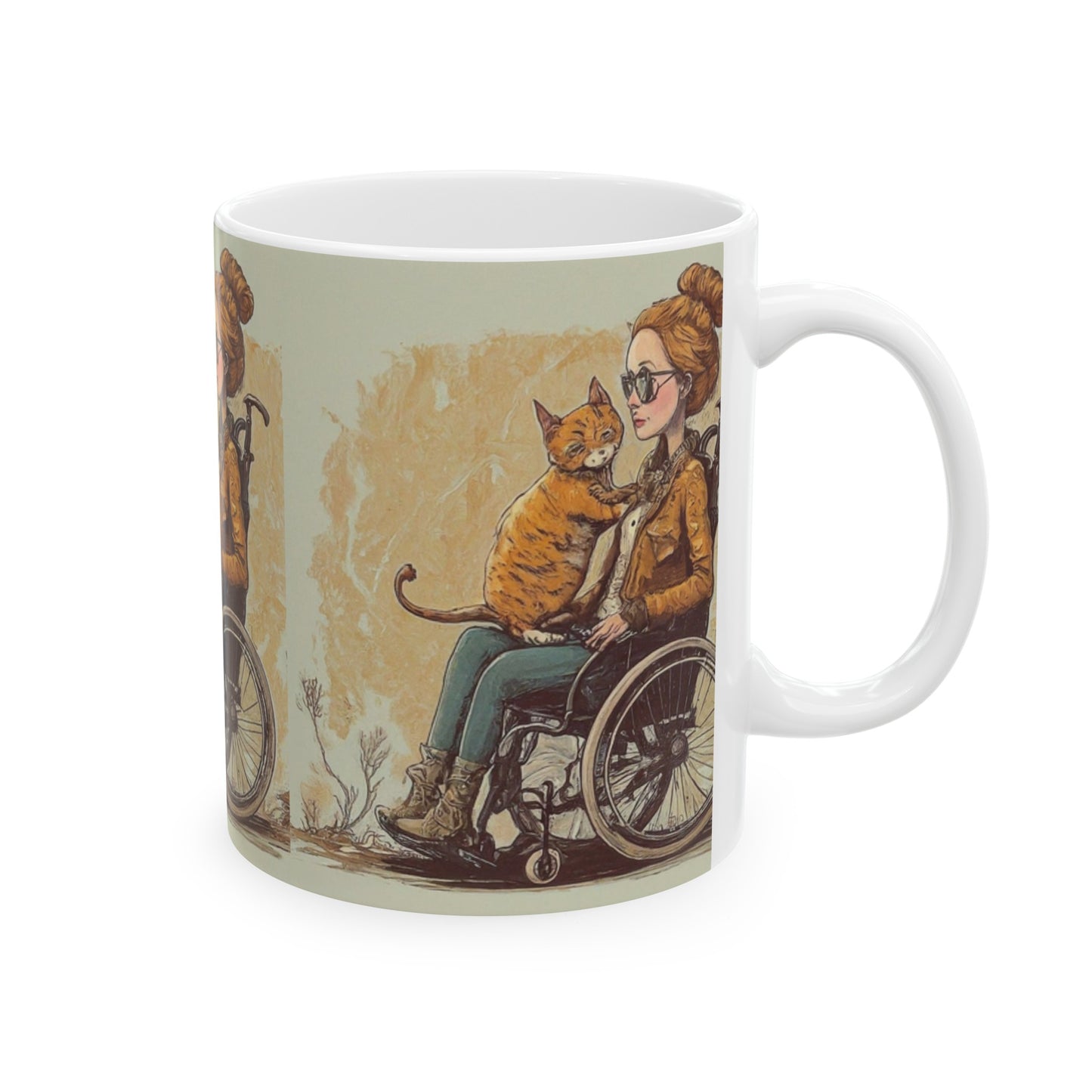 Ceramic Mug, (11oz, 15oz) designed as the perfect gift for that intrepid and inspirational cat loving wheelchair or mobility scooter user.