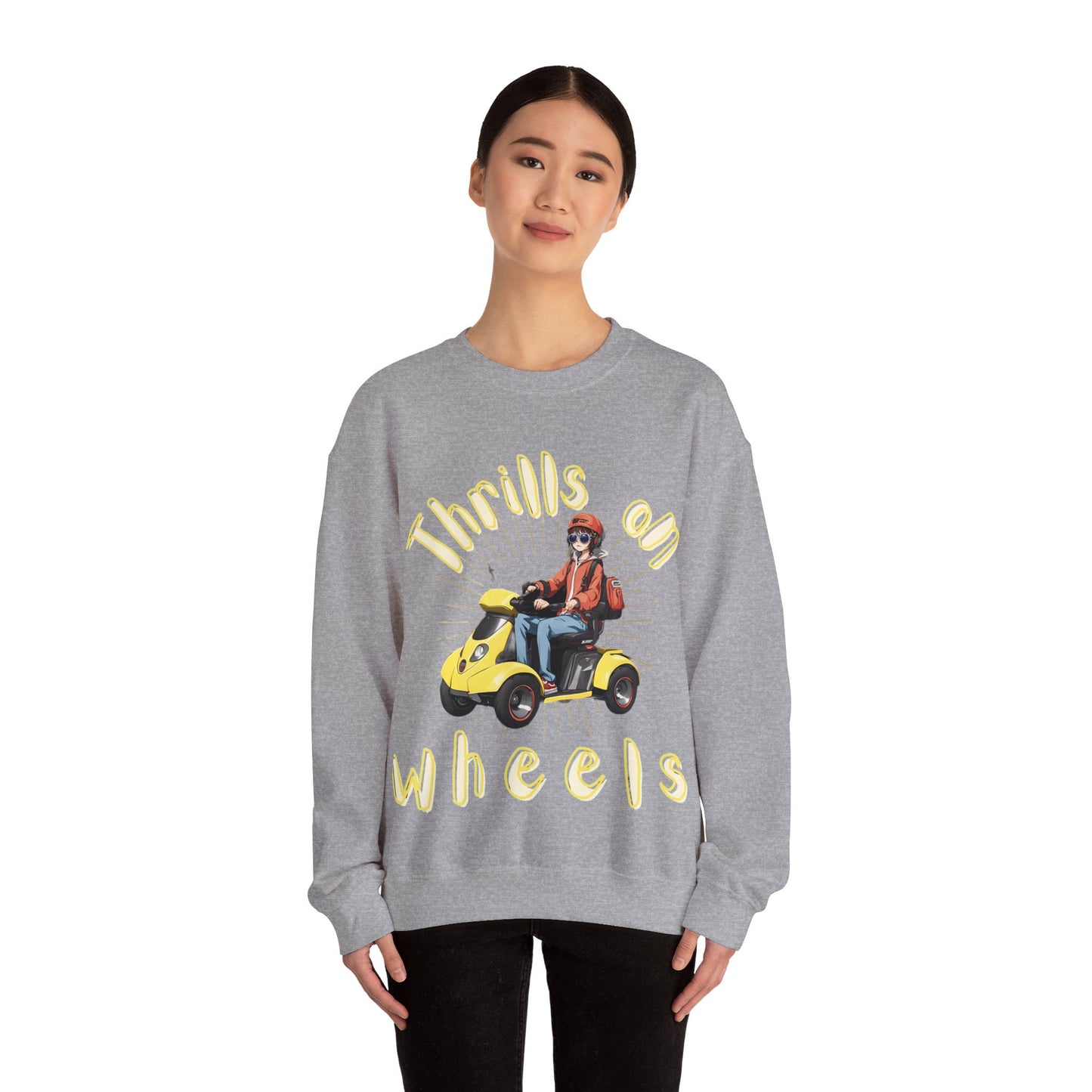 Unisex Heavy Blend™ Crewneck SweatshirtDesigned as the perfect gift or merch for that dynamic inspirational wheelchair or mobility scooter using trendy lady