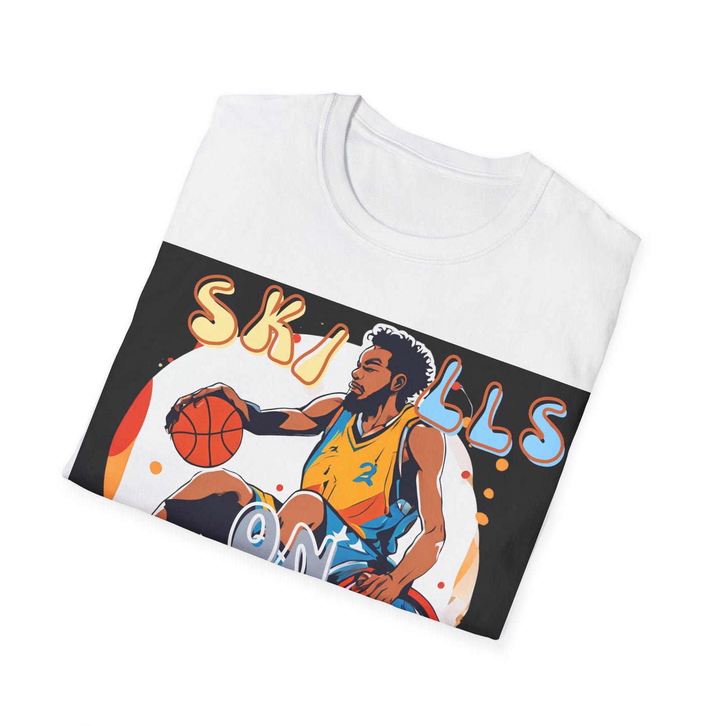 Unisex Softstyle T-Shirt Designed as the perfect gift or merch for that dynamic inspirational wheelchair basketball loving and sporty wheelchair or mobility scooter user.