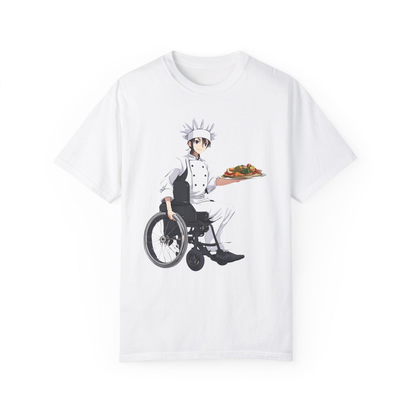 Unisex Garment-Dyed T-shirt designed as the perfect gift for that young dynamic inspirational cooking loving wheelchair or mobility scooter user.