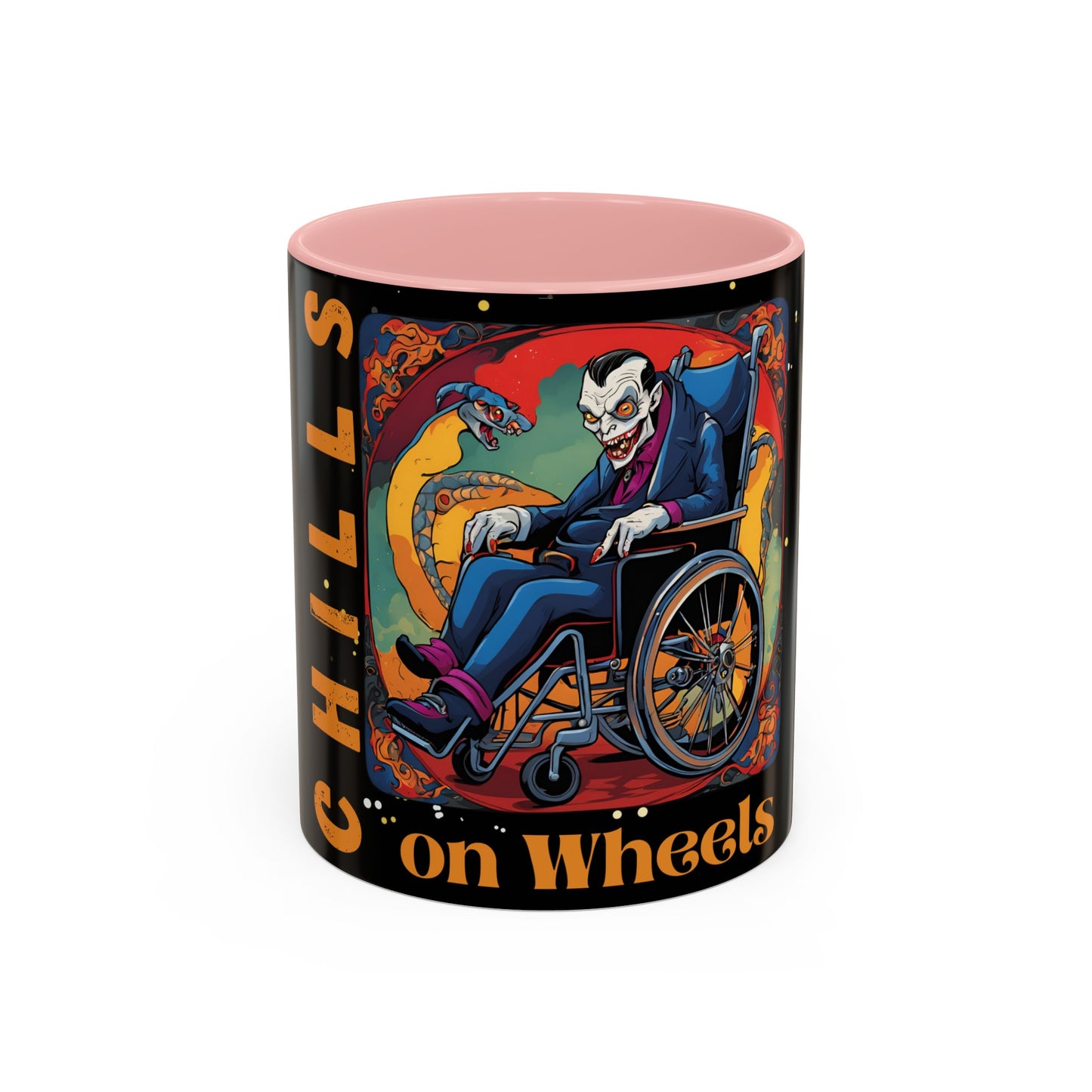 Accent Coffee Mug (11, 15oz) Designed as the perfect gift or merch for Halloween for that dynamic inspirational fun loving wheelchair or mobility scooter user.