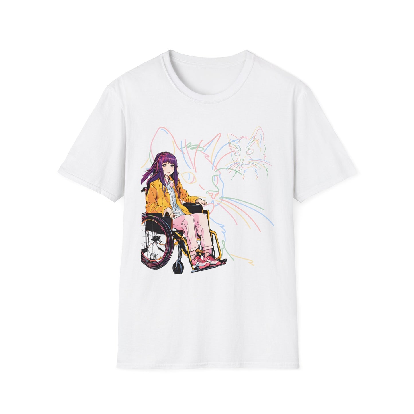 Unisex Softstyle T-Shirt Designed as the perfect gift or merch for that cat loving inspirational wheelchair or mobility scooter trendy lady.