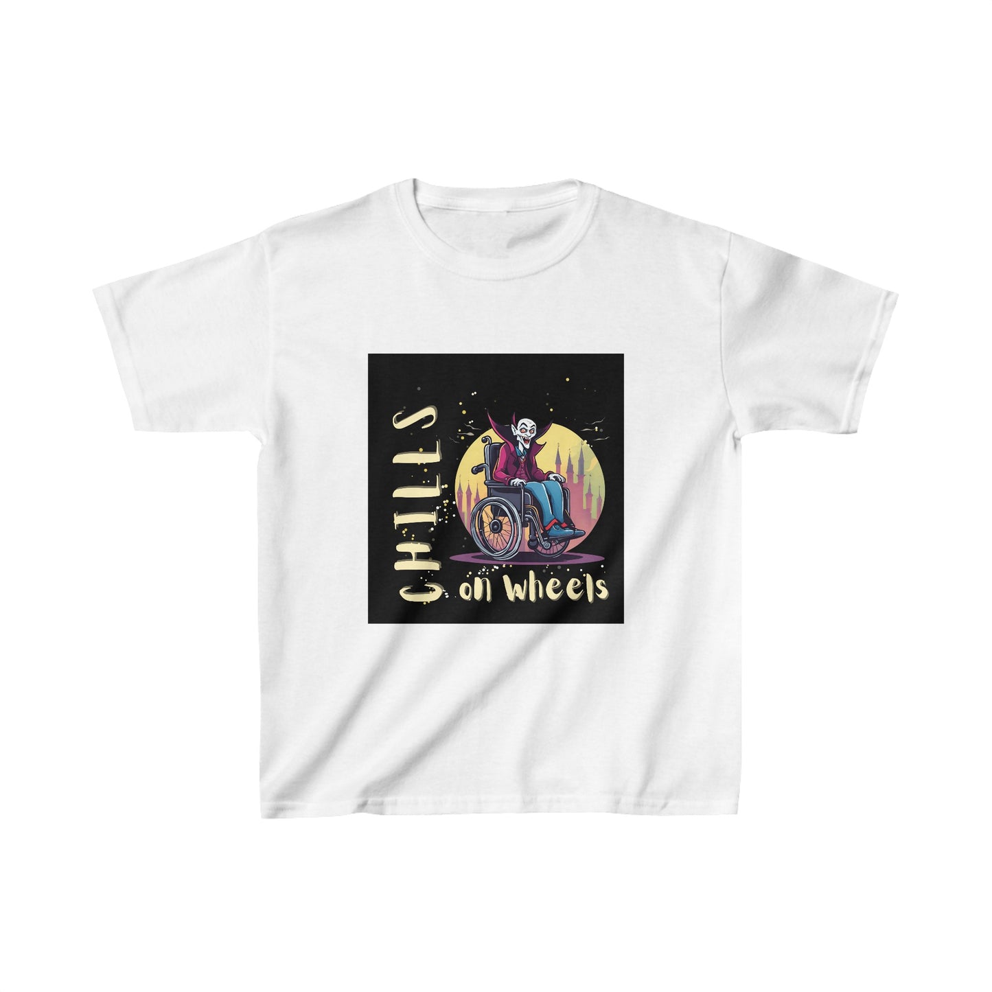 Kids Heavy Cotton™ Tee Designed as the perfect gift or merch for Halloween for that dynamic inspirational fun loving wheelchair or mobility scooter user.