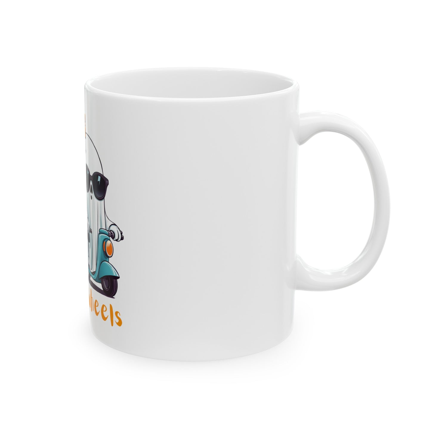 Ceramic Mug, (11oz, 15oz) Designed as the perfect gift or merch for Halloween for that dynamic inspirational fun loving wheelchair or mobility scooter user.