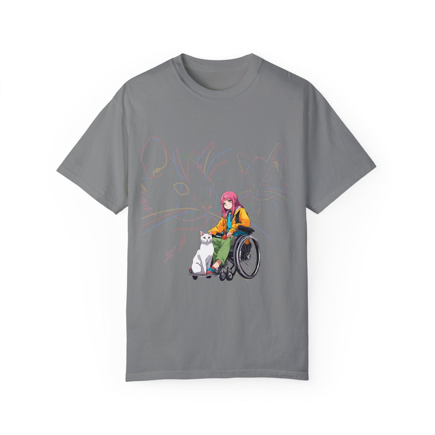 Unisex Garment-Dyed T-shirt Designed as the perfect gift or merch for that cat loving inspirational wheelchair or mobility scooter using trend Noy lady.