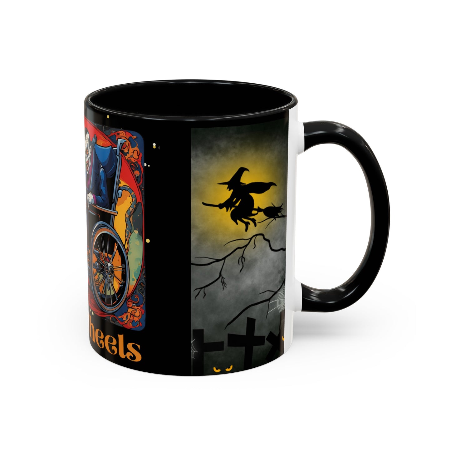 Accent Coffee Mug (11, 15oz) Designed as the perfect gift or merch for Halloween for that dynamic inspirational fun loving wheelchair or mobility scooter user.