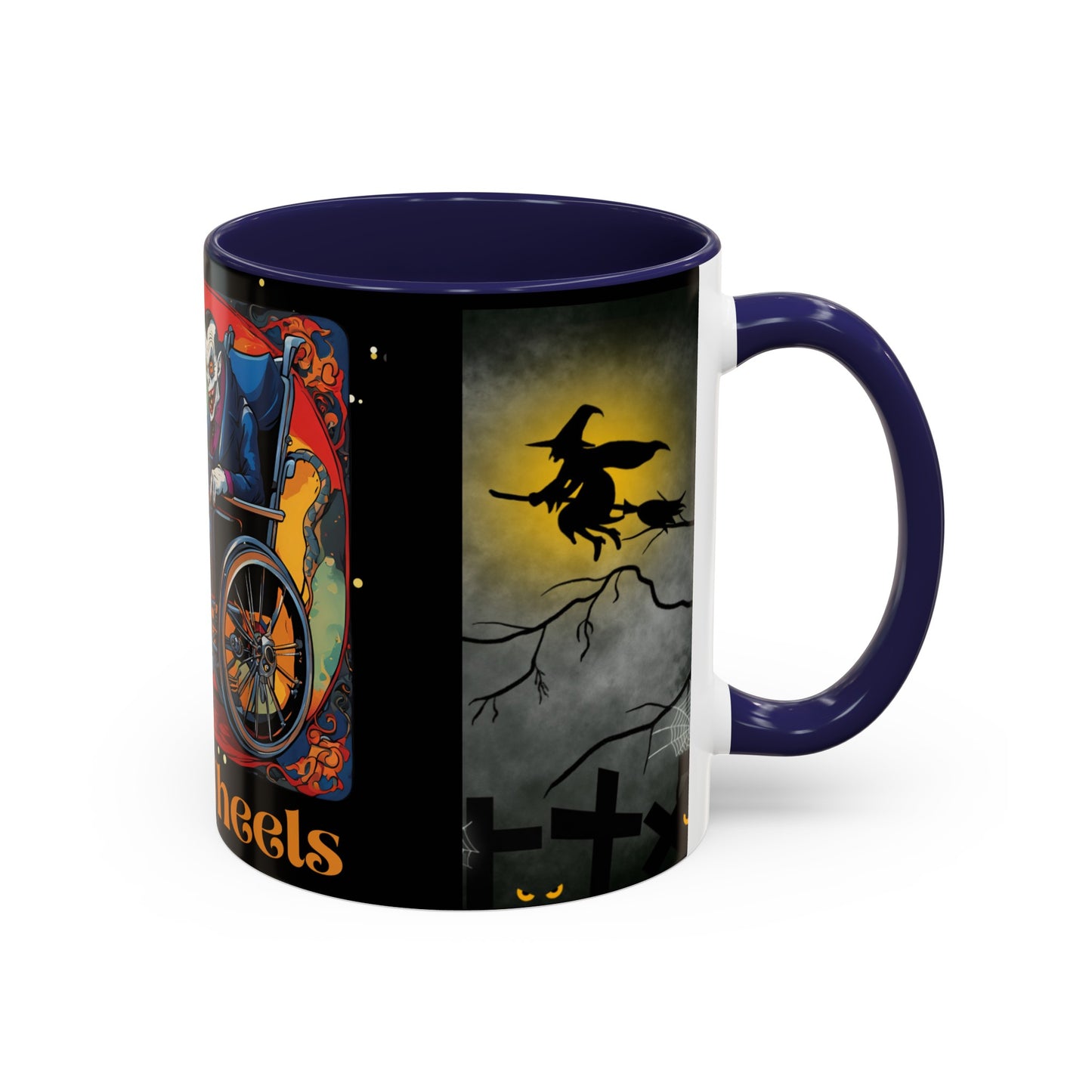 Accent Coffee Mug (11, 15oz) Designed as the perfect gift or merch for Halloween for that dynamic inspirational fun loving wheelchair or mobility scooter user.