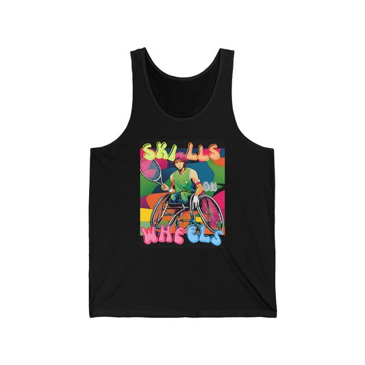 Unisex Jersey Tank Designed as the perfect gift or merch for that dynamic inspirational tennis loving and sporty wheelchair or mobility scooter user.