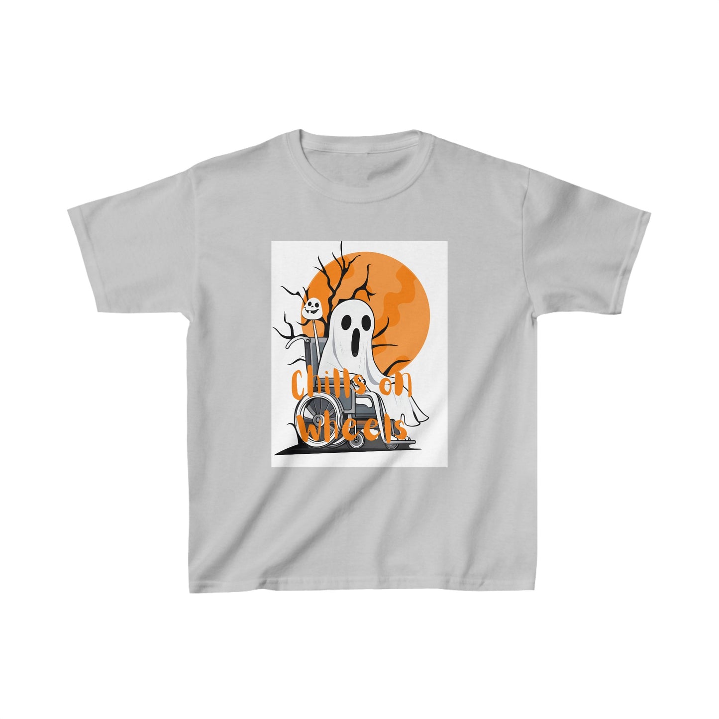 Kids Heavy Cotton™ Tee Designed as the perfect gift or merch for Halloween for that dynamic inspirational fun loving wheelchair or mobility scooter user.