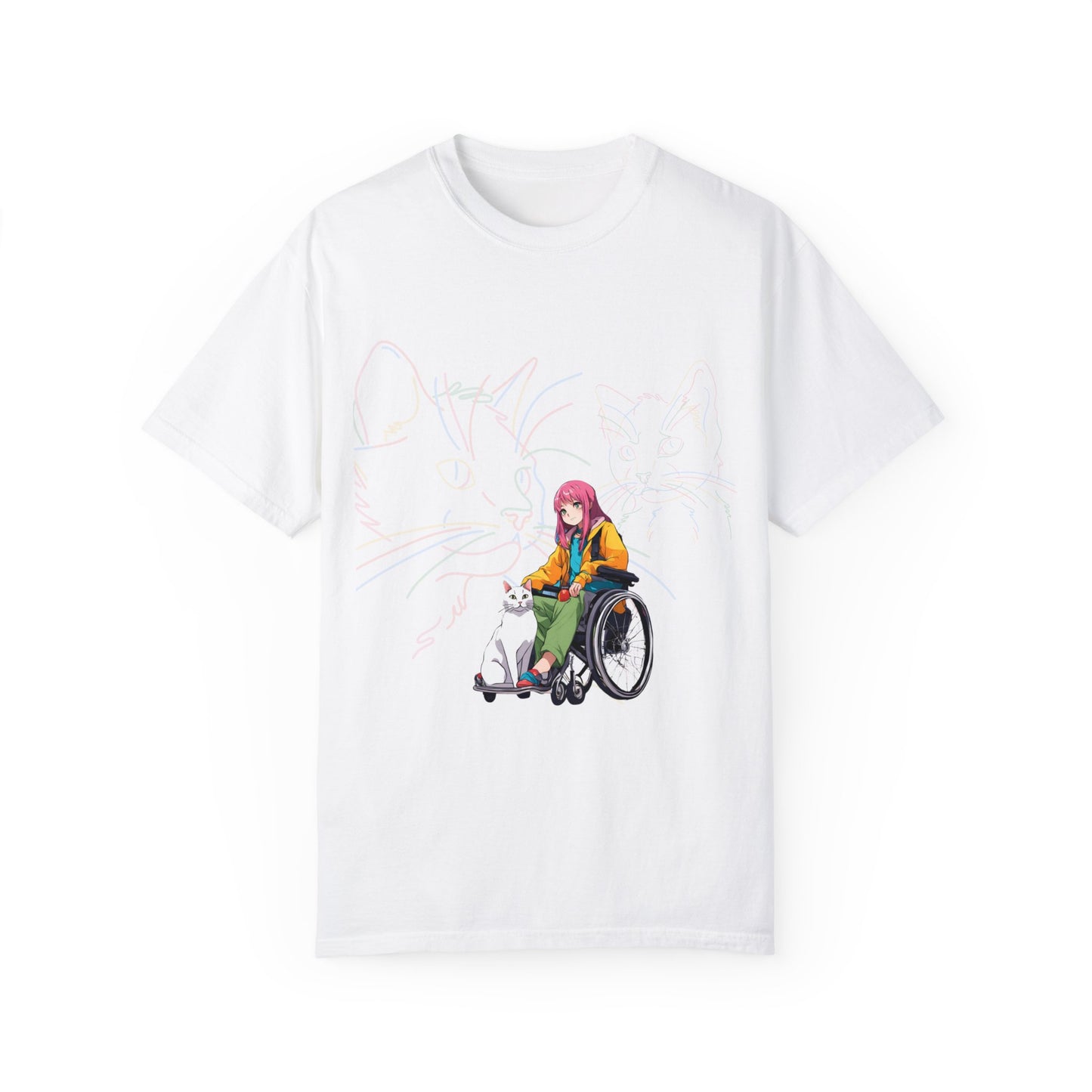 Unisex Garment-Dyed T-shirt Designed as the perfect gift or merch for that cat loving inspirational wheelchair or mobility scooter using trend Noy lady.