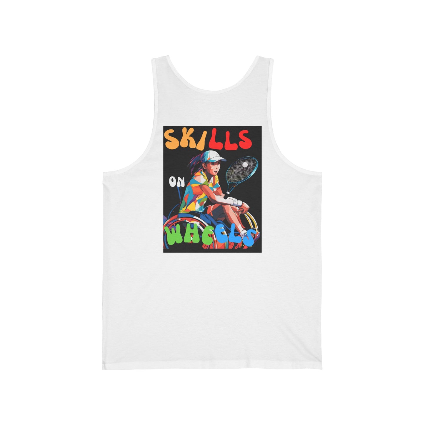 Unisex Jersey Tank Designed as the perfect gift or merch for that dynamic inspirational tennis loving and sporty wheelchair or mobility scooter user.