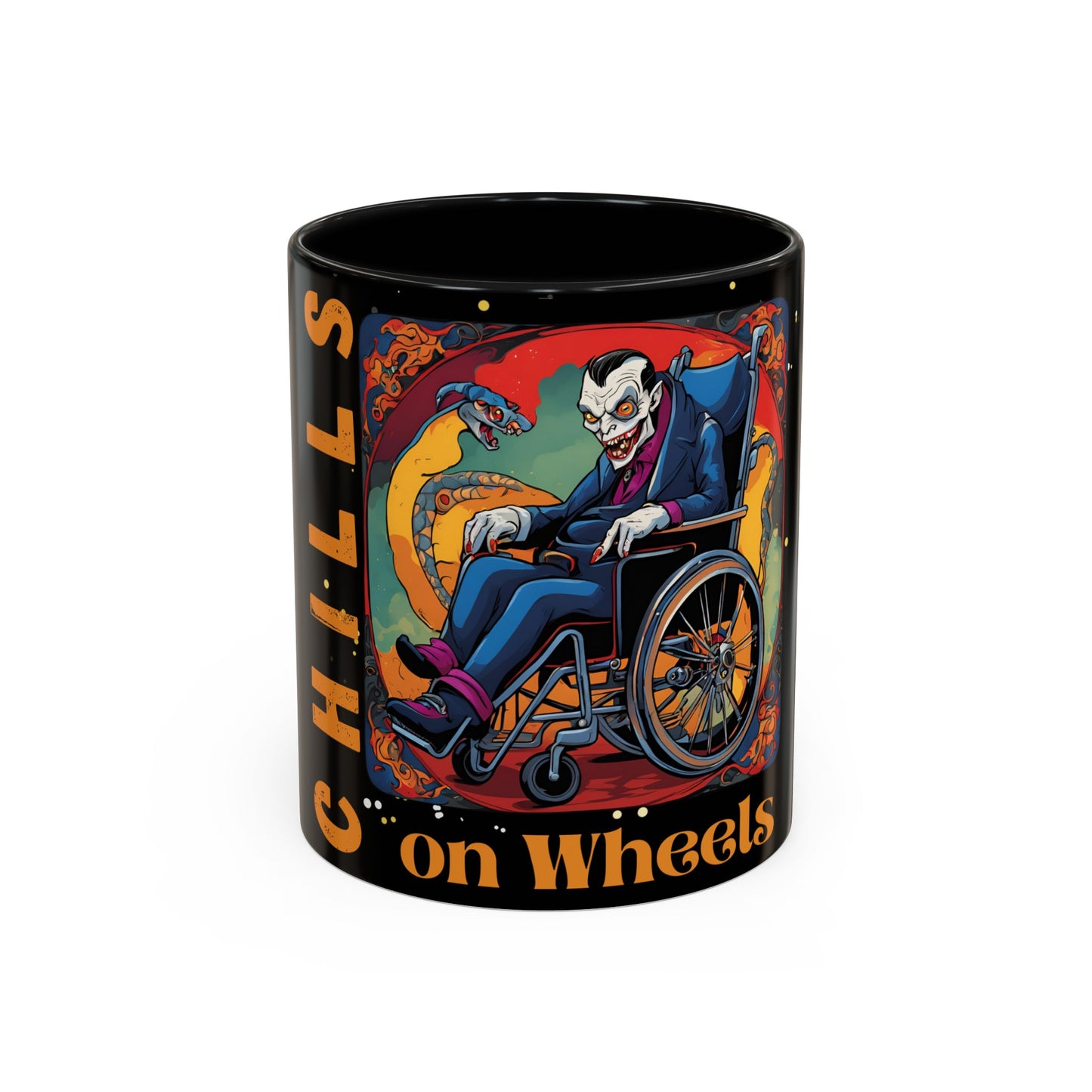 Accent Coffee Mug (11, 15oz) Designed as the perfect gift or merch for Halloween for that dynamic inspirational fun loving wheelchair or mobility scooter user.