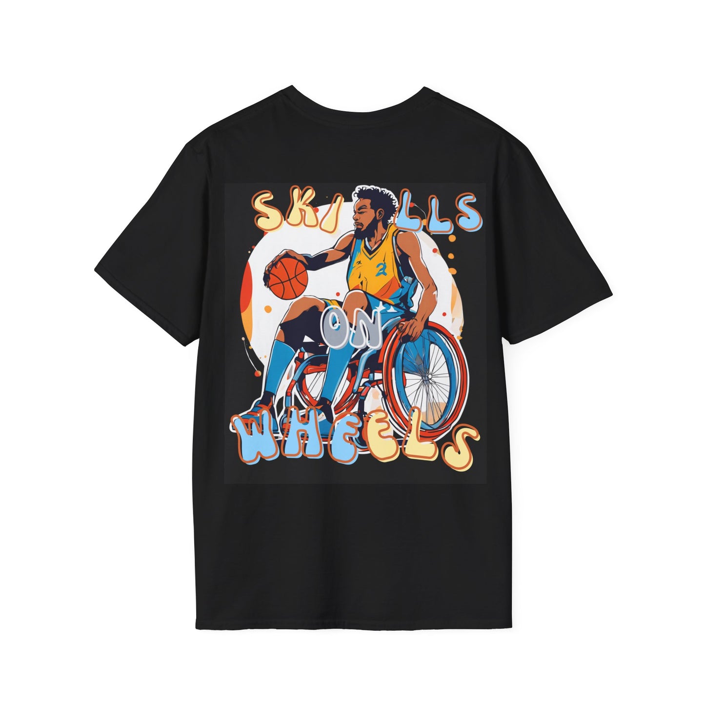 Unisex Softstyle T-Shirt Designed as the perfect gift or merch for that dynamic inspirational wheelchair basketball loving and sporty wheelchair or mobility scooter user.