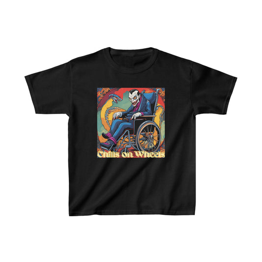 Kids Heavy Cotton™ Tee Designed as the perfect gift or merch for Halloween for that dynamic inspirational fun loving wheelchair or mobility scooter user.