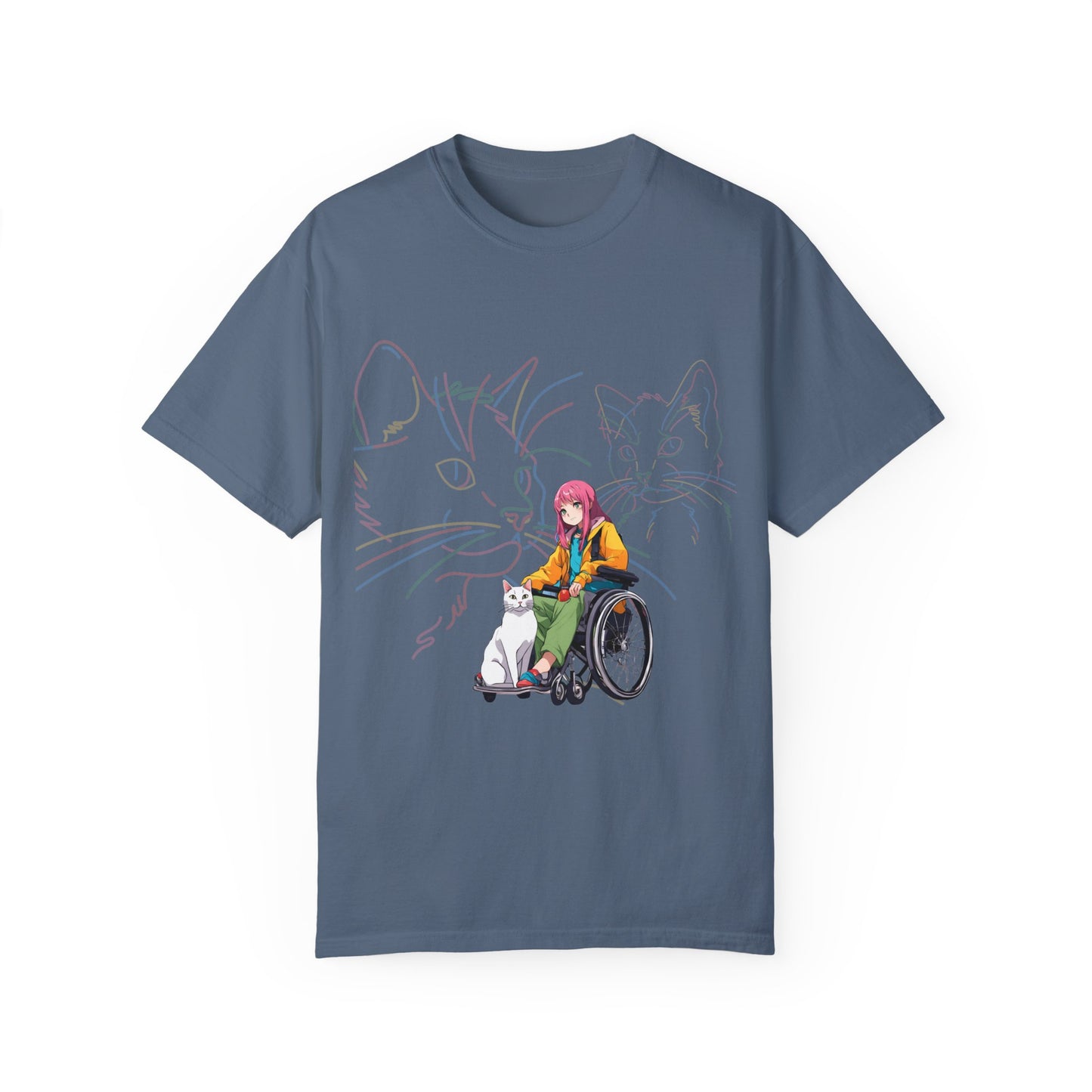 Unisex Garment-Dyed T-shirt Designed as the perfect gift or merch for that cat loving inspirational wheelchair or mobility scooter using trend Noy lady.