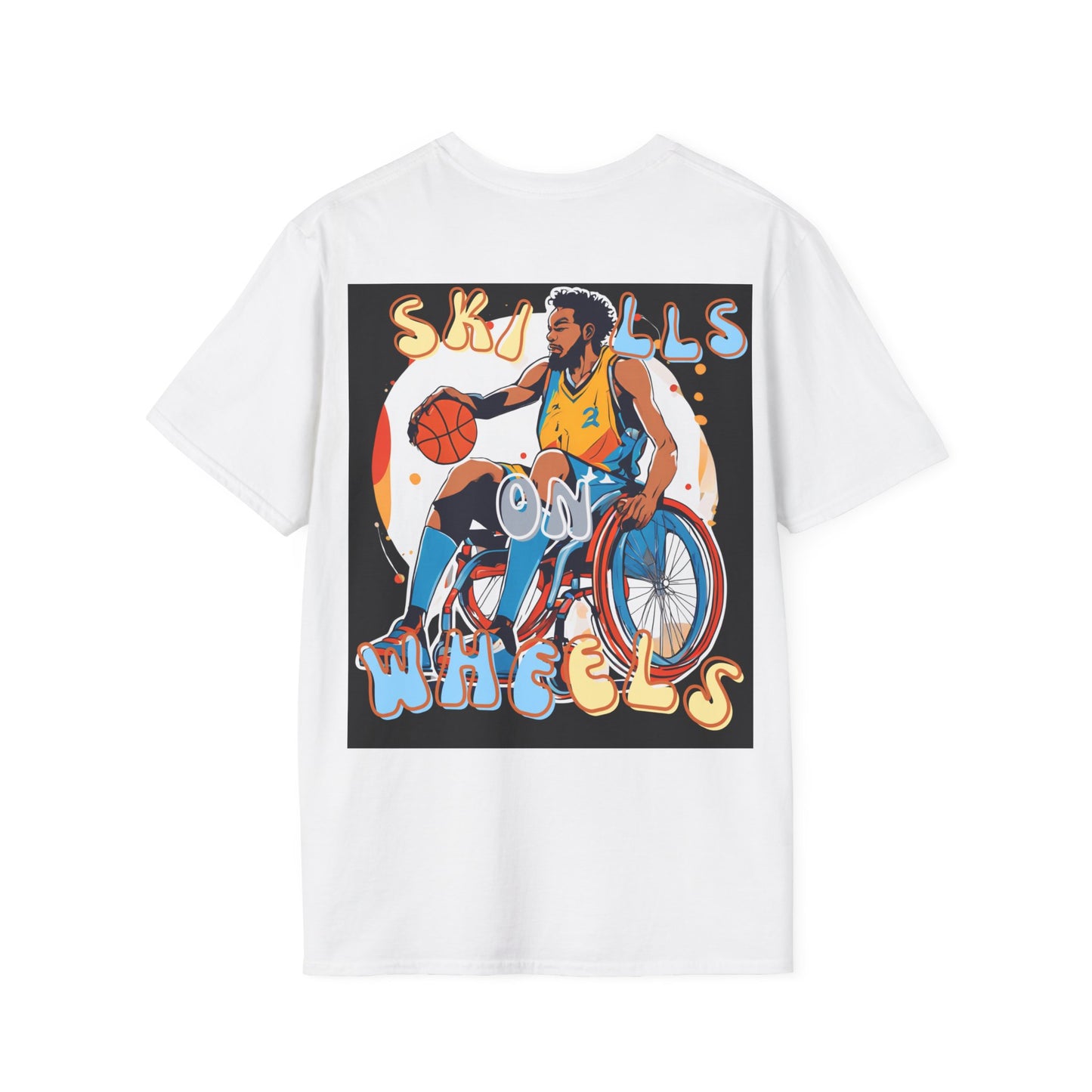 Unisex Softstyle T-Shirt Designed as the perfect gift or merch for that dynamic inspirational wheelchair basketball loving and sporty wheelchair or mobility scooter user.