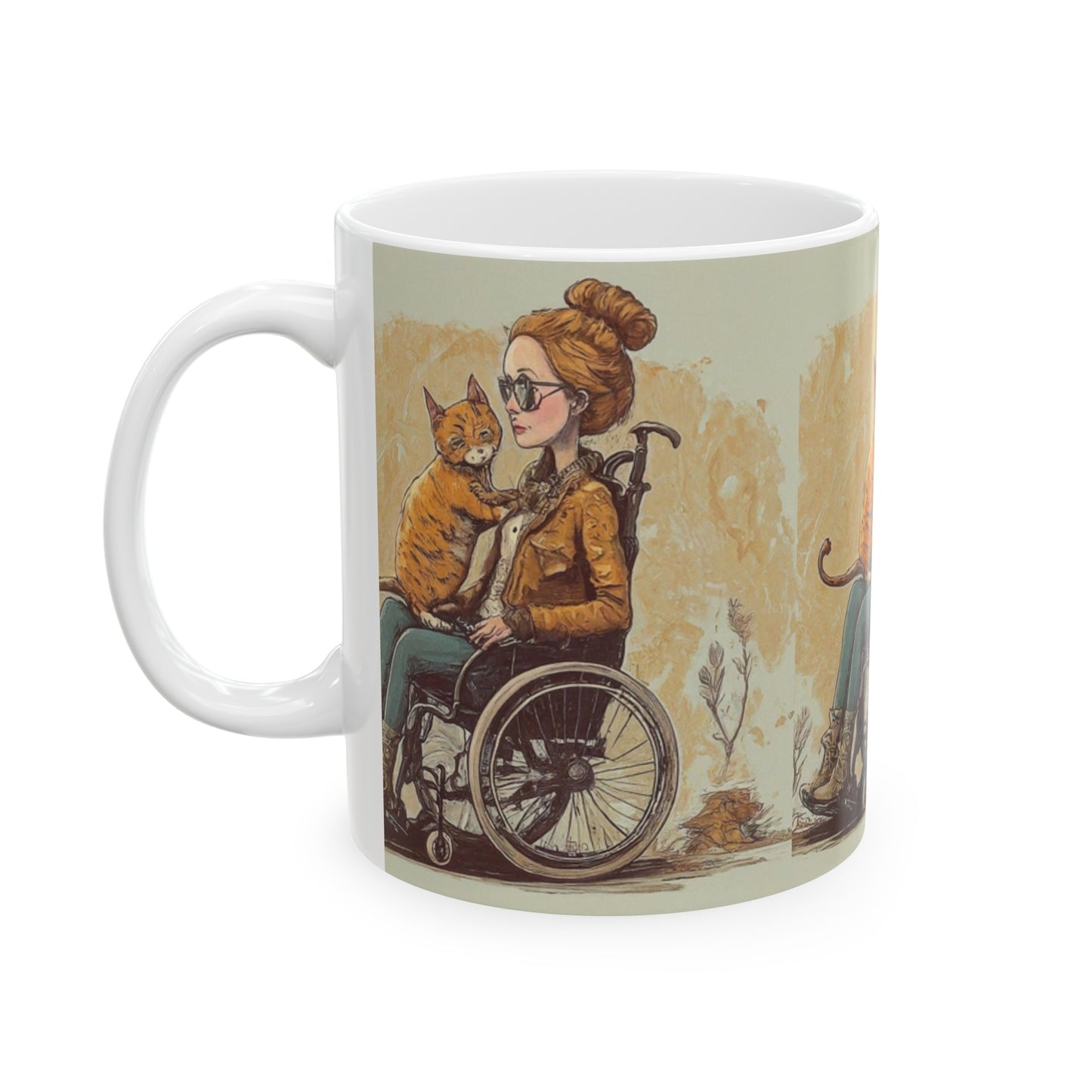 Ceramic Mug, (11oz, 15oz) designed as the perfect gift for that intrepid and inspirational cat loving wheelchair or mobility scooter user.