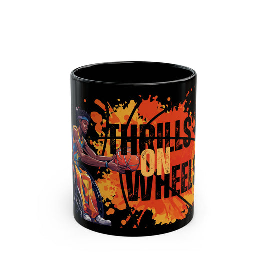 Black Mug (11oz, 15oz) Designed as the perfect gift or merch for that inspirational wheelchair basketball loving and competitive wheelchair mobility scooter user.