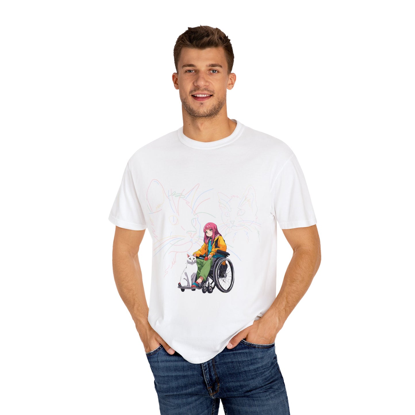 Unisex Garment-Dyed T-shirt Designed as the perfect gift or merch for that cat loving inspirational wheelchair or mobility scooter using trend Noy lady.