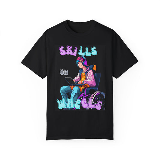 Unisex Garment-Dyed T-shirt Designed as the perfect gift or merch for that video game loving inspirational wheelchair or mobility scooter gamer.