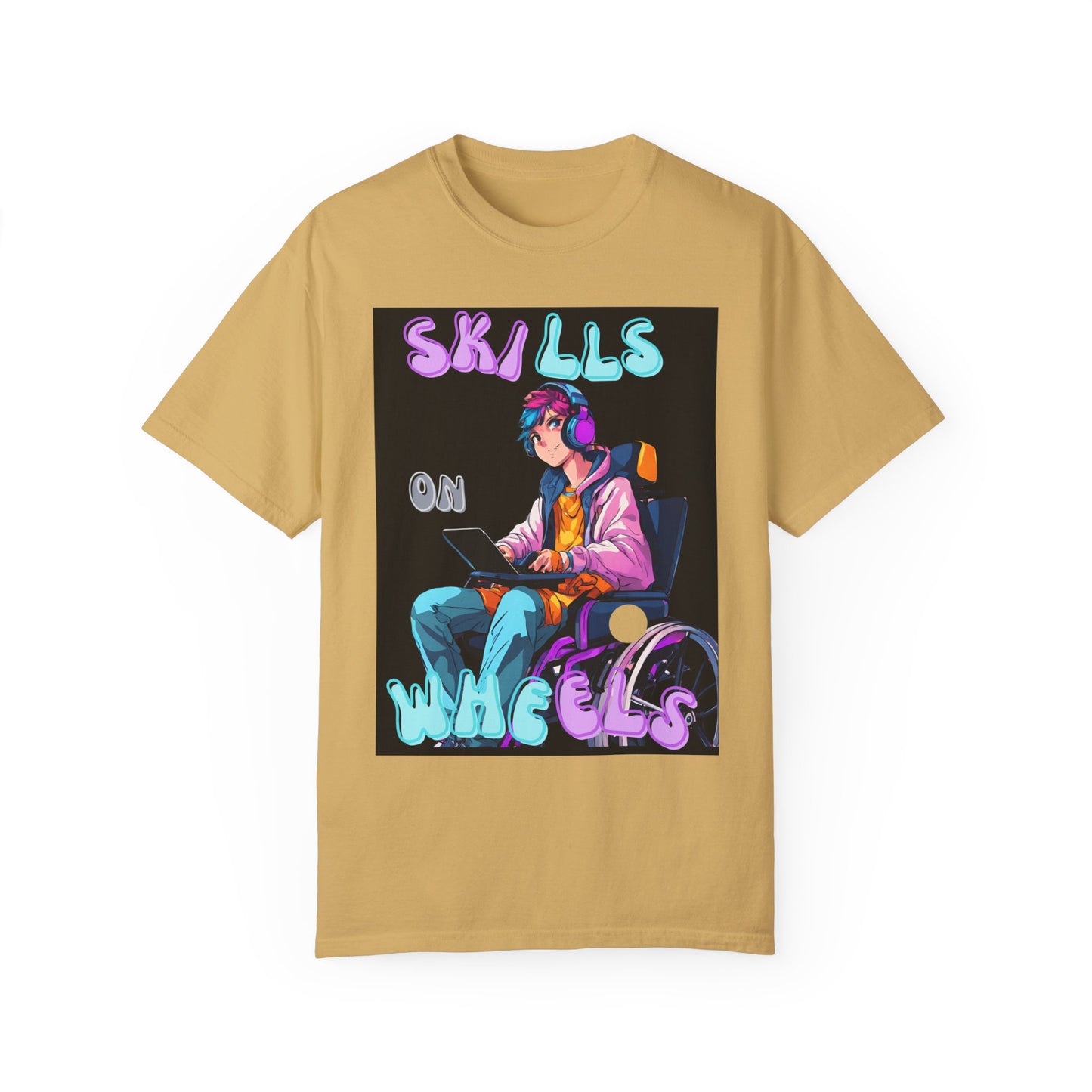 Unisex Garment-Dyed T-shirt Designed as the perfect gift or merch for that video game loving inspirational wheelchair or mobility scooter gamer.