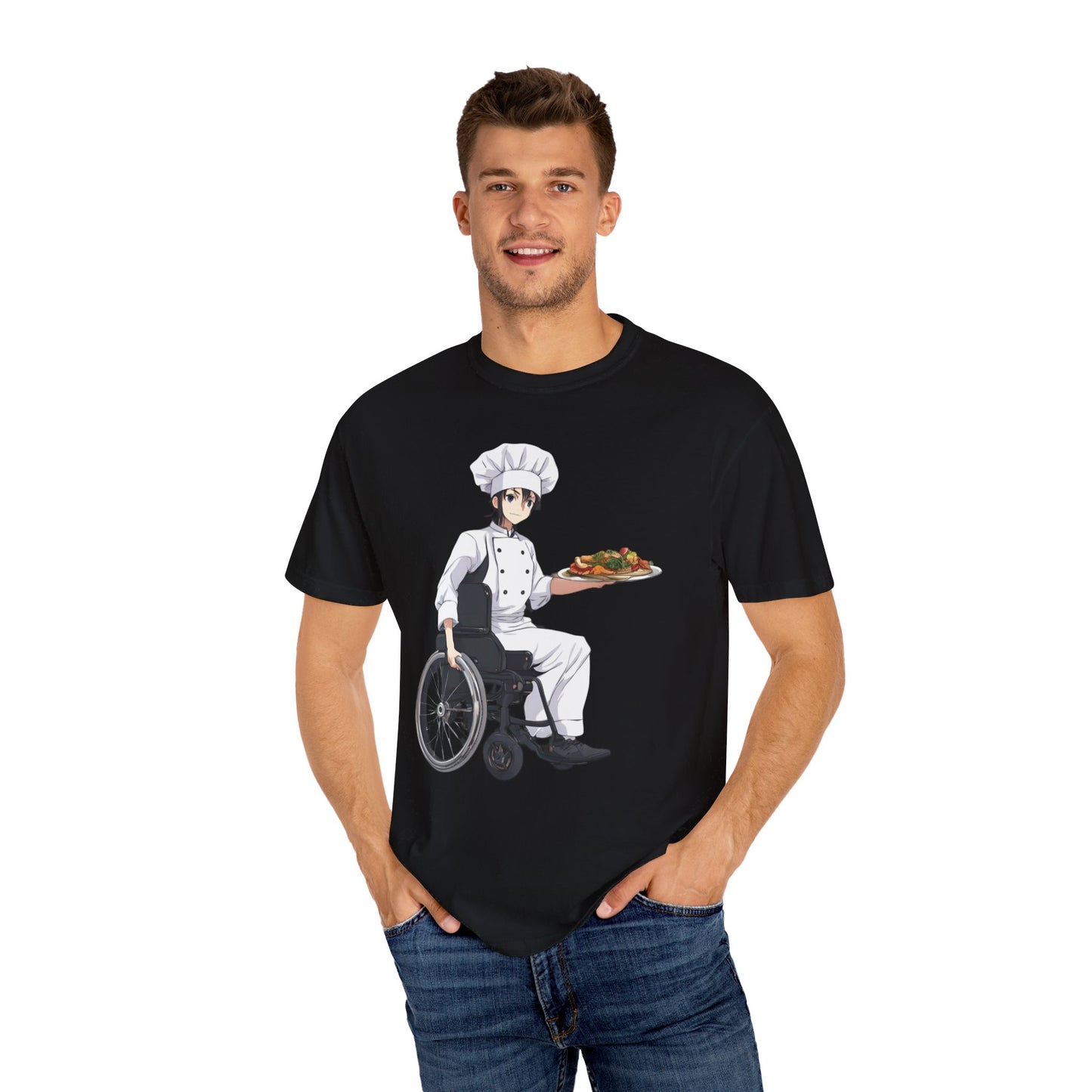 Unisex Garment-Dyed T-shirt designed as the perfect gift for that young dynamic inspirational cooking loving wheelchair or mobility scooter user.