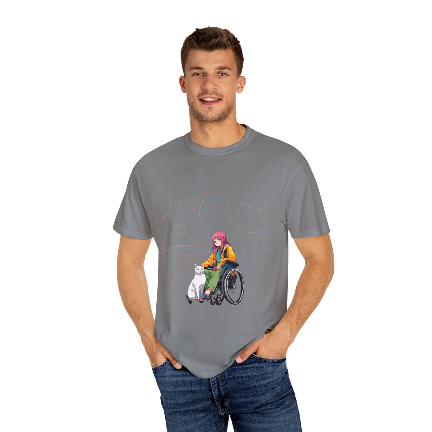 Unisex Garment-Dyed T-shirt Designed as the perfect gift or merch for that cat loving inspirational wheelchair or mobility scooter using trend Noy lady.