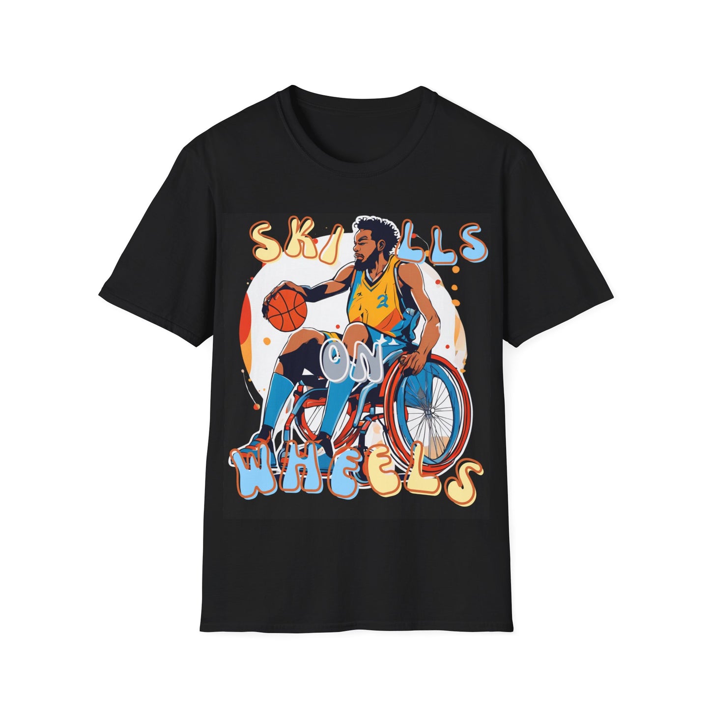 Unisex Softstyle T-Shirt Designed as the perfect gift or merch for that dynamic inspirational wheelchair basketball loving and sporty wheelchair or mobility scooter user.