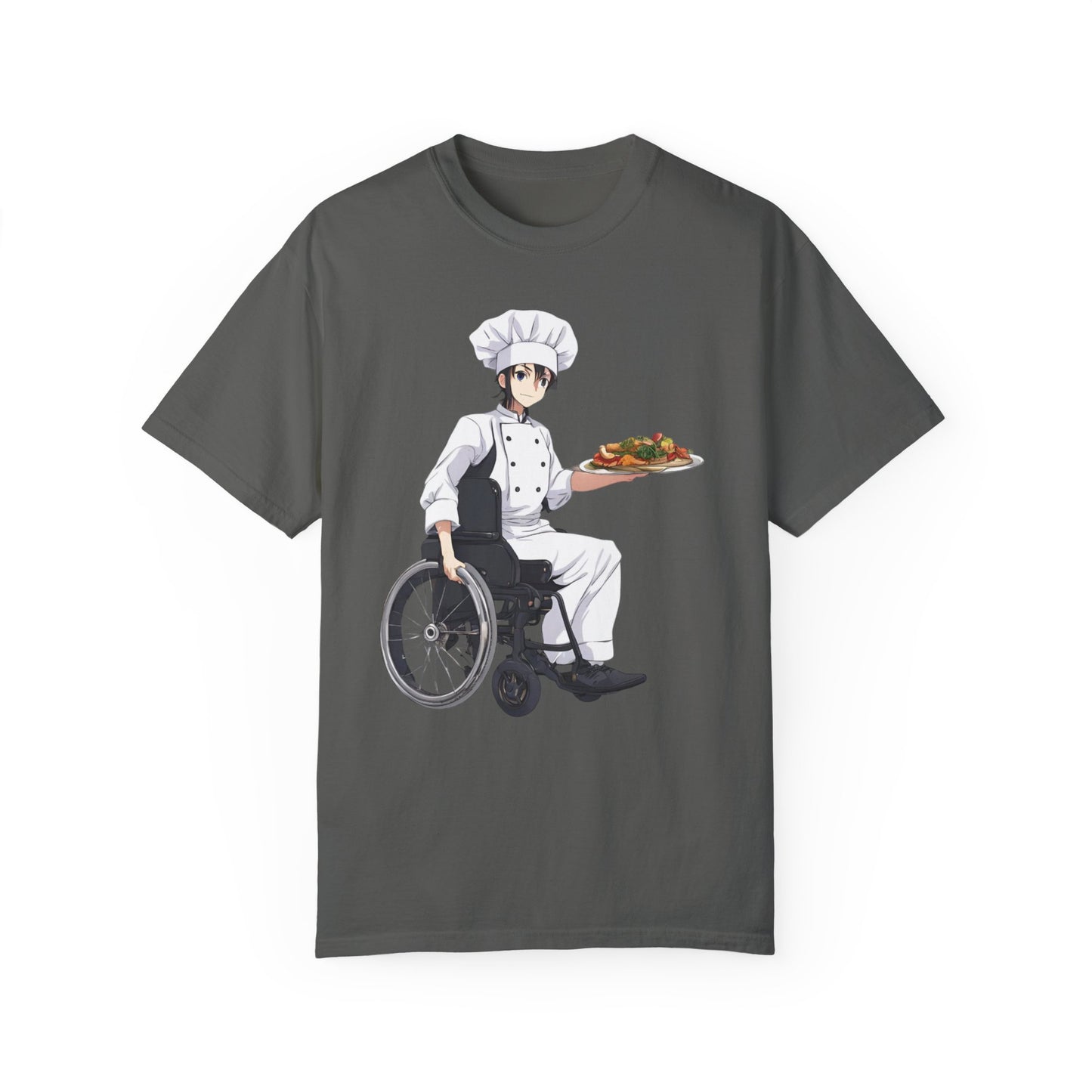 Unisex Garment-Dyed T-shirt designed as the perfect gift for that young dynamic inspirational cooking loving wheelchair or mobility scooter user.