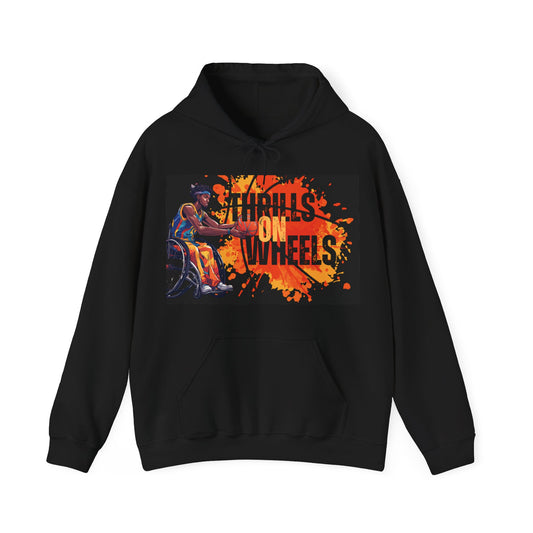 Unisex Heavy Blend™ Hooded Sweatshirt Designed as the perfect gift or merch for that inspirational wheelchair basketball loving and competitive wheelchair mobility scooter user.