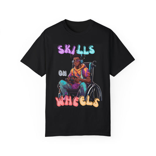 Unisex Garment-Dyed T-shirt Designed as the perfect gift or merch for that video game loving inspirational wheelchair or mobility scooter gamer.