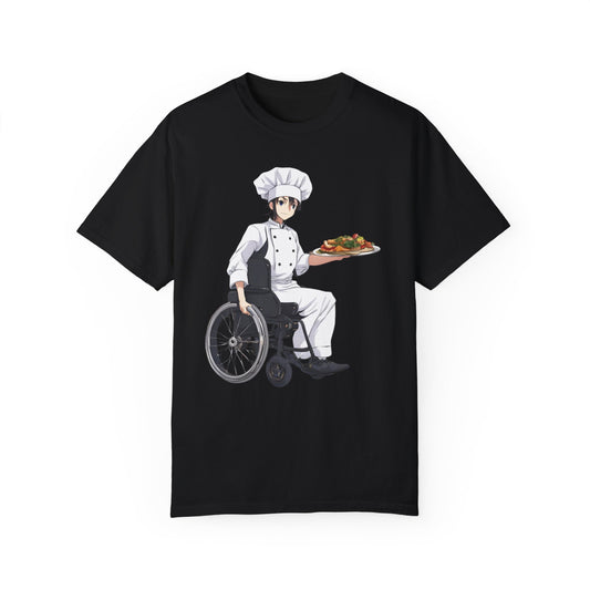 Unisex Garment-Dyed T-shirt designed as the perfect gift for that young dynamic inspirational cooking loving wheelchair or mobility scooter user.