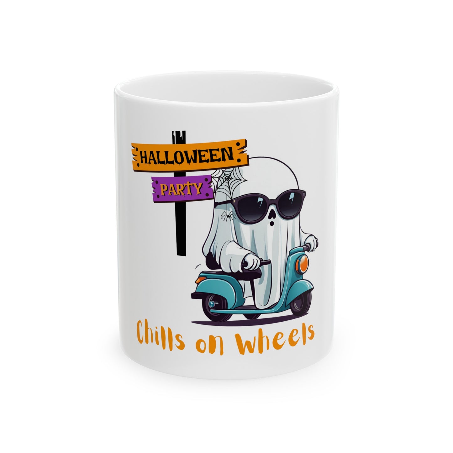 Ceramic Mug, (11oz, 15oz) Designed as the perfect gift or merch for Halloween for that dynamic inspirational fun loving wheelchair or mobility scooter user.