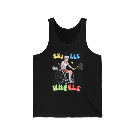 Unisex Jersey Tank Designed as the perfect gift or merch for that dynamic inspirational tennis loving and sporty wheelchair or mobility scooter user.