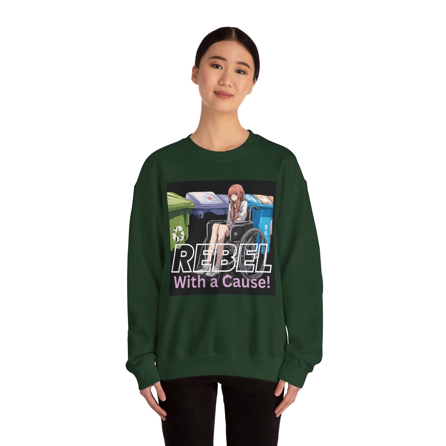 Unisex Heavy Blend™ Crewneck Sweatshirt Designed as the perfect gift or merch for that earth loving inspirational wheelchair or mobility scooter eco warrior.