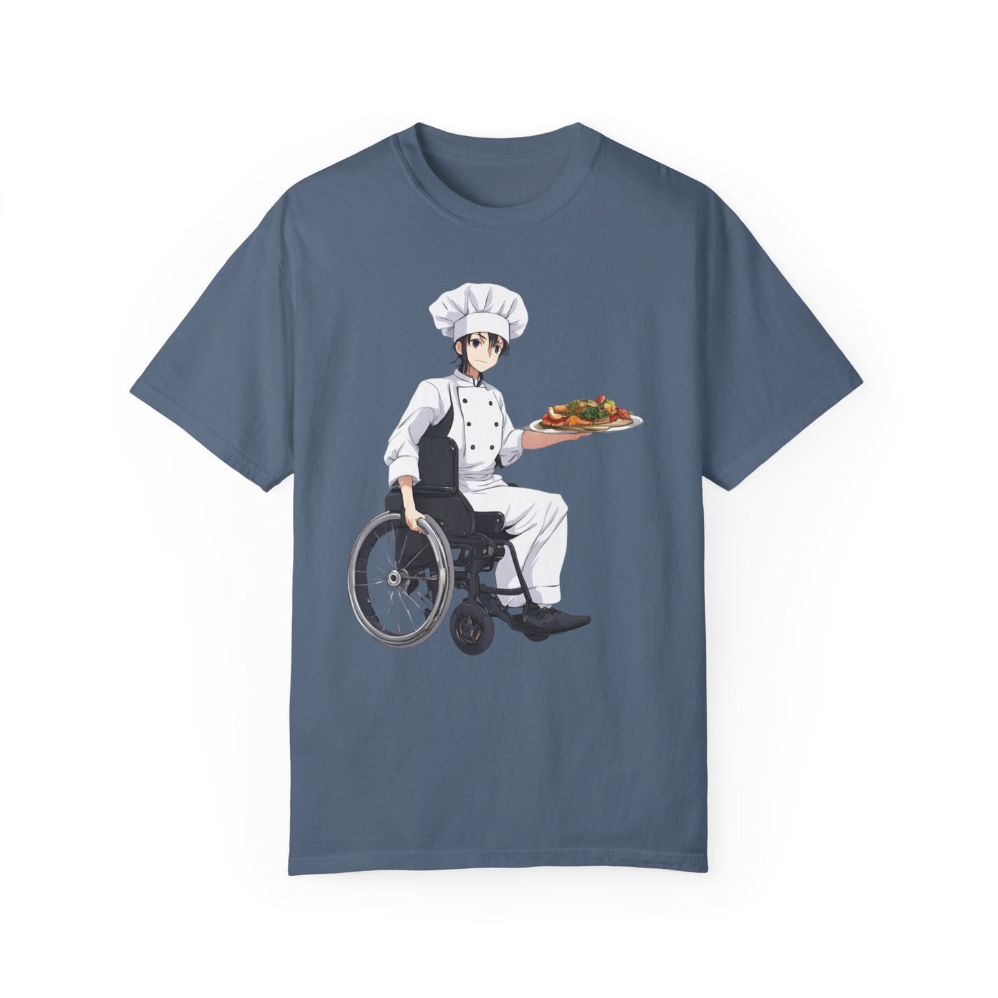 Unisex Garment-Dyed T-shirt designed as the perfect gift for that young dynamic inspirational cooking loving wheelchair or mobility scooter user.