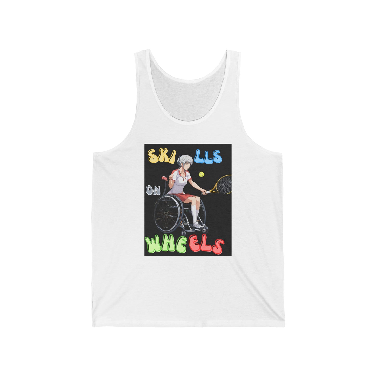 Unisex Jersey Tank Designed as the perfect gift or merch for that dynamic inspirational tennis loving and sporty wheelchair or mobility scooter user.