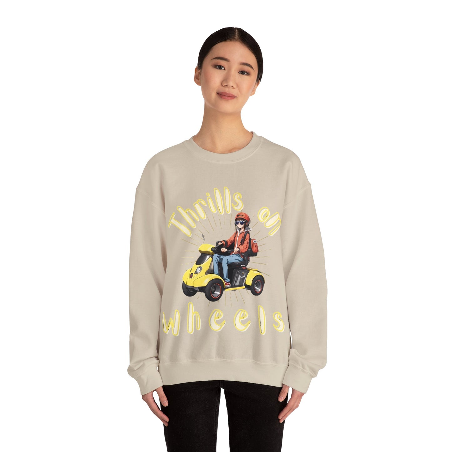 Unisex Heavy Blend™ Crewneck SweatshirtDesigned as the perfect gift or merch for that dynamic inspirational wheelchair or mobility scooter using trendy lady