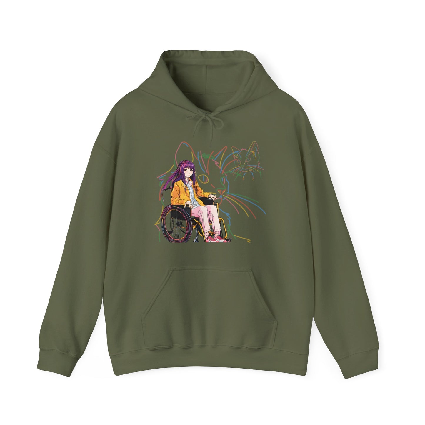 Unisex Heavy Blend™ Hooded Sweatshirt Designed as the perfect gift or merch for that cat loving inspirational wheelchair or mobility scooter trendy lady.