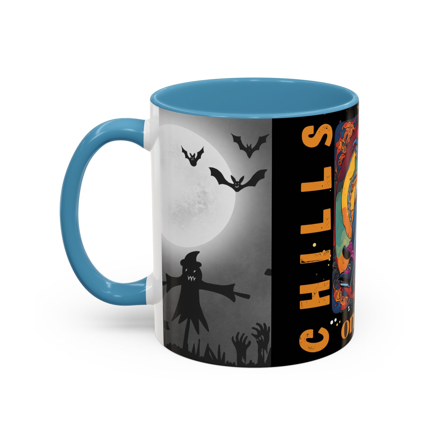 Accent Coffee Mug (11, 15oz) Designed as the perfect gift or merch for Halloween for that dynamic inspirational fun loving wheelchair or mobility scooter user.