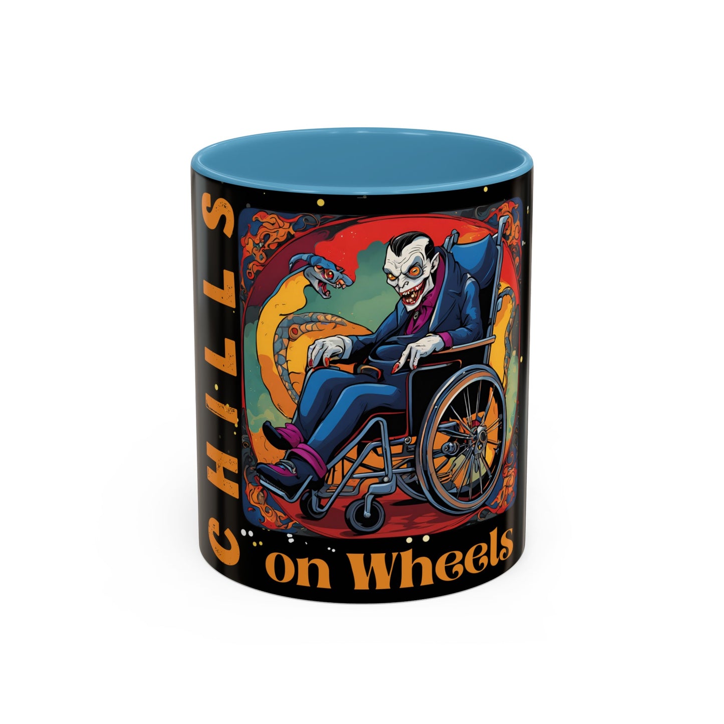 Accent Coffee Mug (11, 15oz) Designed as the perfect gift or merch for Halloween for that dynamic inspirational fun loving wheelchair or mobility scooter user.