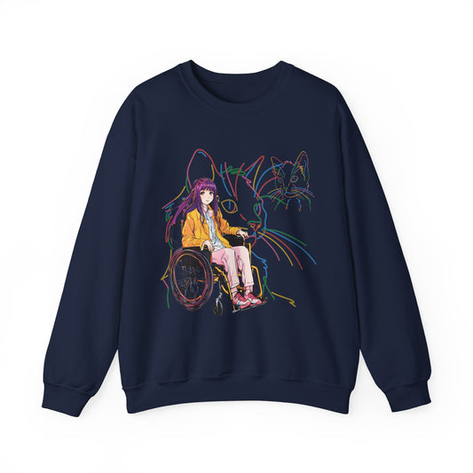 Unisex Heavy Blend™ Crewneck Sweatshirt Designed as the perfect gift or merch for that cat loving inspirational wheelchair or mobility scooter using trendy lady.