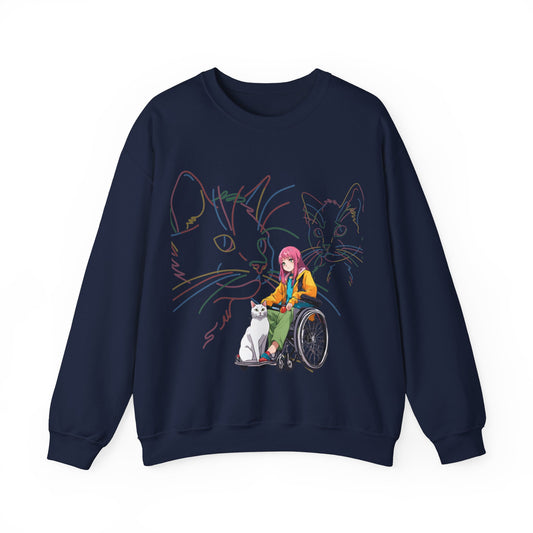 Unisex Heavy Blend™ Crewneck Sweatshirt Designed as the perfect gift or merch for that cat loving inspirational wheelchair or mobility scooter using trendy lady.