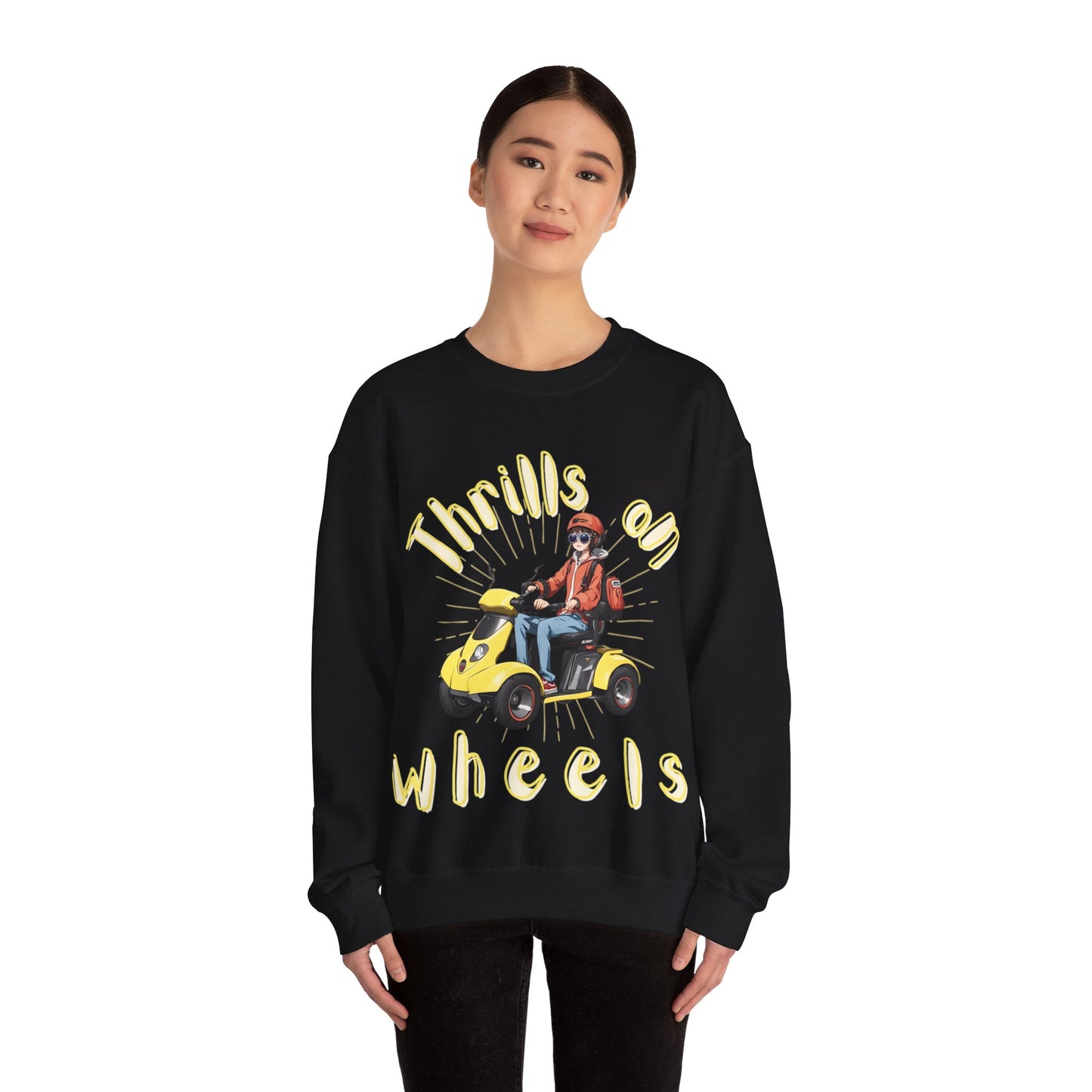 Unisex Heavy Blend™ Crewneck SweatshirtDesigned as the perfect gift or merch for that dynamic inspirational wheelchair or mobility scooter using trendy lady