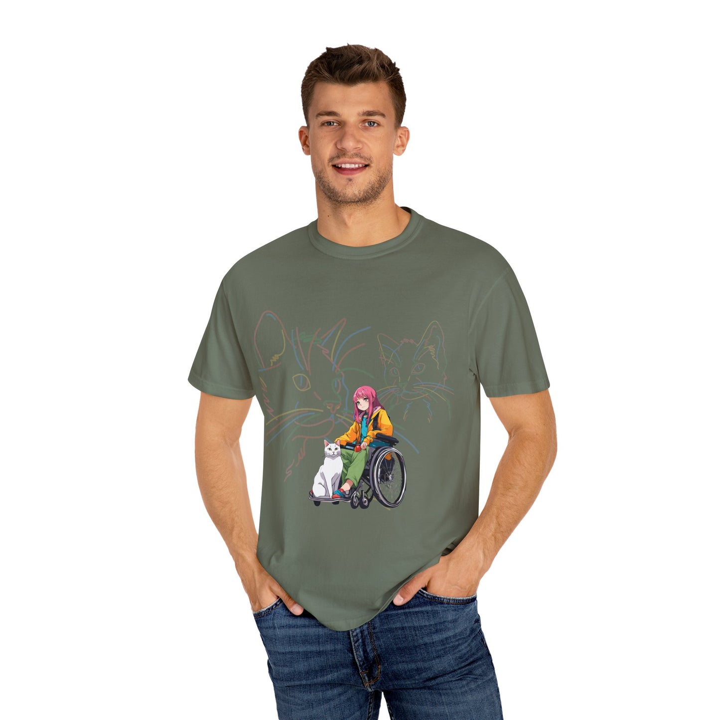 Unisex Garment-Dyed T-shirt Designed as the perfect gift or merch for that cat loving inspirational wheelchair or mobility scooter using trend Noy lady.